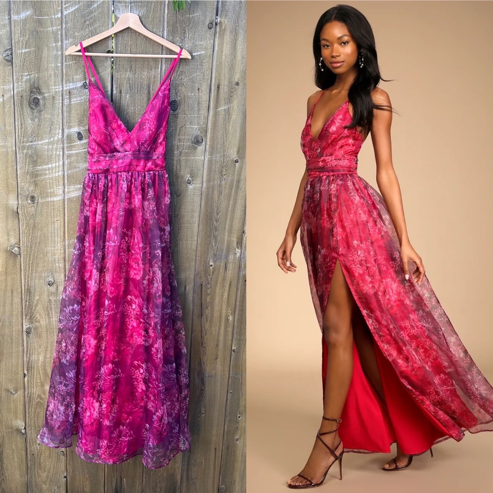 Red and Magenta Floral Backless Organza Sheer Long Dress
